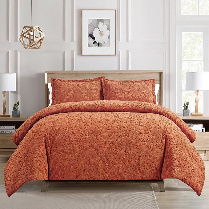 Sunshine Nicole Velvet Jacquard Comforter Set, Velvet Jacquard Face and Brushed Solid Microfiber Reverse, with Light Weight Soft Poly Fill, 3 Pieces Terracotta, King