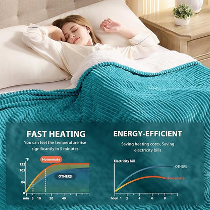 Homemate Electric Heated Blanket Full Size - 72"x84" Heating Blanket Full Size 1/2/4/6/8 Hours Auto-Off 10 Heat Level Over-Heat Protection Soft Flannel Sherpa ETL Certification