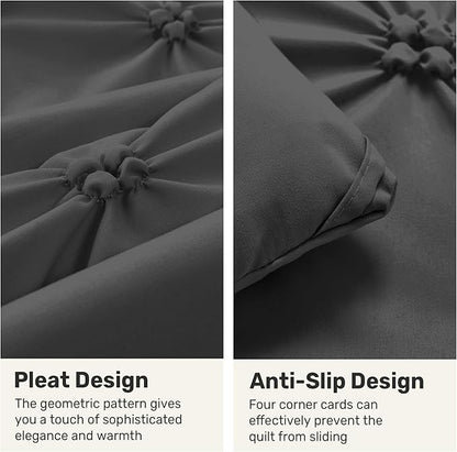 UNIKOME Queen Comforter Set Dark Gray - Ultra Soft Boho Pintuck Down Alternative Bedding Set for All Seasons, 3 Pieces Lightweight Warm Pinch Pleat Bed Set with Comforter, 2 Pillowcases