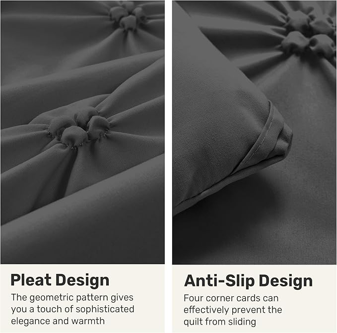 UNIKOME King Comforter Set Dark Gray - Ultra Soft Boho Pintuck Down Alternative Bedding Set for All Seasons, 3 Pieces Lightweight Warm Pinch Pleat Bed Set with Comforter, 2 Pillowcases