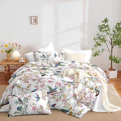 Nayoroom White Floral Comforter Set Queen Size Blue Pink Bird Flower Botanical Pattern Spring Bedding Set 3 Pieces Soft Lightweight Aesthetic Garden Comforter for All Seasons