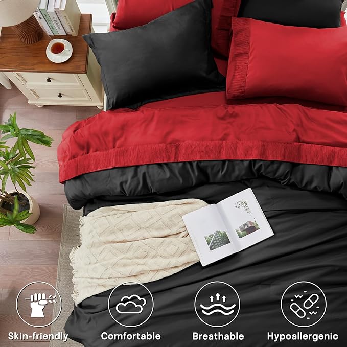 Anluoer Black and Red Full Comforter Set 7 Pieces, Bed in a Bag with Sheets, All Season Bedding Sets with 1 Comforter, 2 Pillow Shams, 2 Pillowcases, 1 Flat Sheet, 1 Fitted Sheet