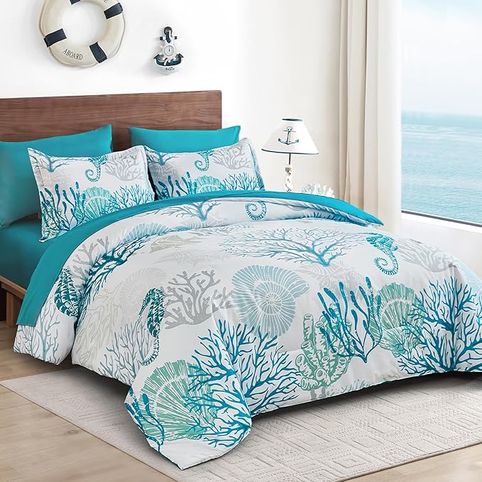WONGS BEDDING Coastal Comforter Set Queen, Beach Themed Comforter,7 Pieces Ocean Nautical Seaweed & Starfish Bed in a Bag (90"×90")