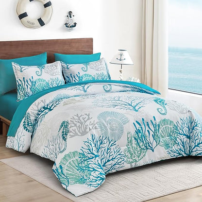WONGS BEDDING Coastal Comforter Set Queen, Beach Themed Comforter,7 Pieces Ocean Nautical Seaweed & Starfish Bed in a Bag (90"×90")