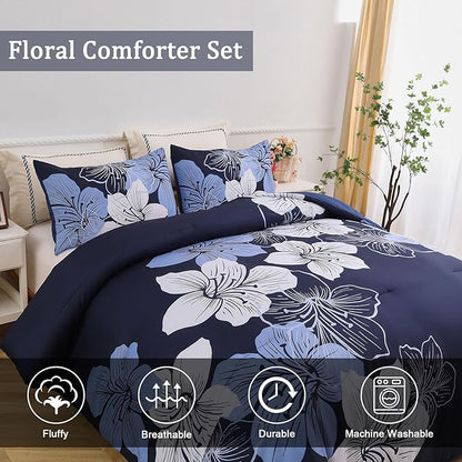 Menghomeus California King Comforter Set Navy Blue Floral Bedding Comforter Sets - Soft Microfiber Bed Set for All Season 3 Piece Botanical Flowers Comforter, Pillowcases