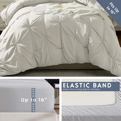 Nestl Twin Comforter Set 5 Piece - Pintuck Twin Bedding Set Off White, College Dorm Room Essentials for Girls and Boys Bed in a Bag Twin All Season, Twin Comforter Set with Sheets, Pillowcase and Sham