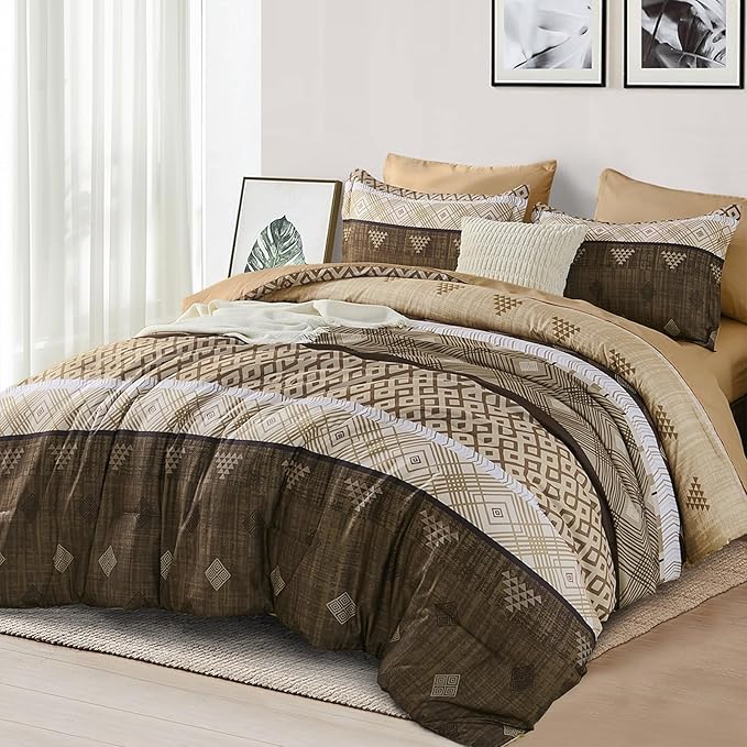 Xruibed Brown King Comforter Set 7 Pieces, Boho Striped Bed in a Bag King Size Soft Microfiber All Season Bedding Set with Comforter, Sheets, Pillowcases & Shams(104"×90")
