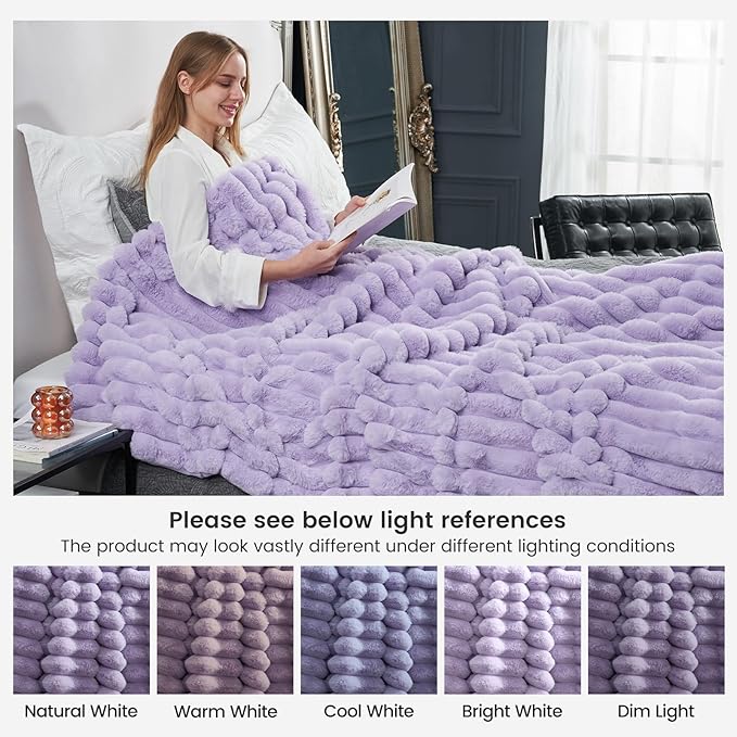 Cozy Bliss Faux Fur Throw Blanket for Couch, Cozy Warm Plush Striped Blanket for Sofa Bedroom Living Room, 50 * 60 Inches Lavender