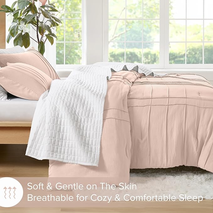 Comfort Spaces Blush Full Size Comforter Set - 3 Pieces Pintuck Pleated Bedding Sets, All Season Lightweight, Extra Softness Pre-Washed Microfiber Full Bed Set, Shams, Full