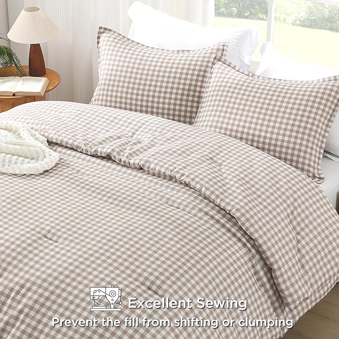 Andency Tan Gingham Comforter Set Twin(66x90Inch), Brown Checkered Grid Plaid Buffalo Bed Set for Girls Boys Kids Teens, 2 Pieces Lightweight Microfiber Geometric Preppy Bedding
