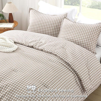 Andency Tan Gingham Comforter Set Twin(66x90Inch), Brown Checkered Grid Plaid Buffalo Bed Set for Girls Boys Kids Teens, 2 Pieces Lightweight Microfiber Geometric Preppy Bedding