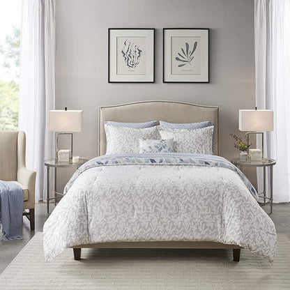 Madison Park Essentials Cozy Bed in a Bag Reversible Comforter with Complete Sheet Set - Modern Botanical Print All Season Cover, Shams, Decorative Pillow, Full(78"x86"), Blue 8 Piece