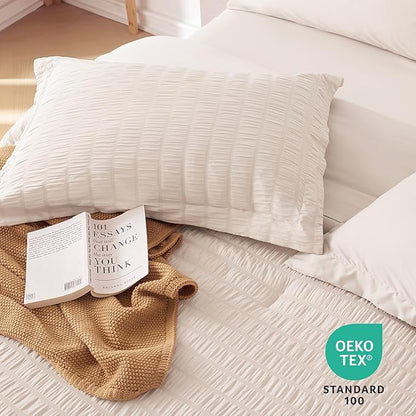 MUXHOMO 7 Pieces King Comforter Set, Seersucker Bed in a Bag King Size, All Season Luxury Bedding Set with Comforter, Flat Sheet, Fitted Sheet, Pillowcases & Shams, Beige
