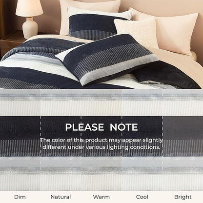 Litanika Fluffy Fleece Twin Comforter Set, Luxury Soft Plush Fuzzy Black Blue Stripe Bedding Comforter Sets, Warm Shaggy Faux Fur Bed Set All Season (1 Comforter, 1 Pillowcase)