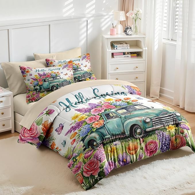Nesker 7 Pcs Spring Comforter Set Queen Size, Truck Flowers Butterfly Farmhouse Roses Bedding Set for Kids and Adults, Truck Bed Sheet Sets with Fitted Sheet 2 Pillowcases & 2 Shams