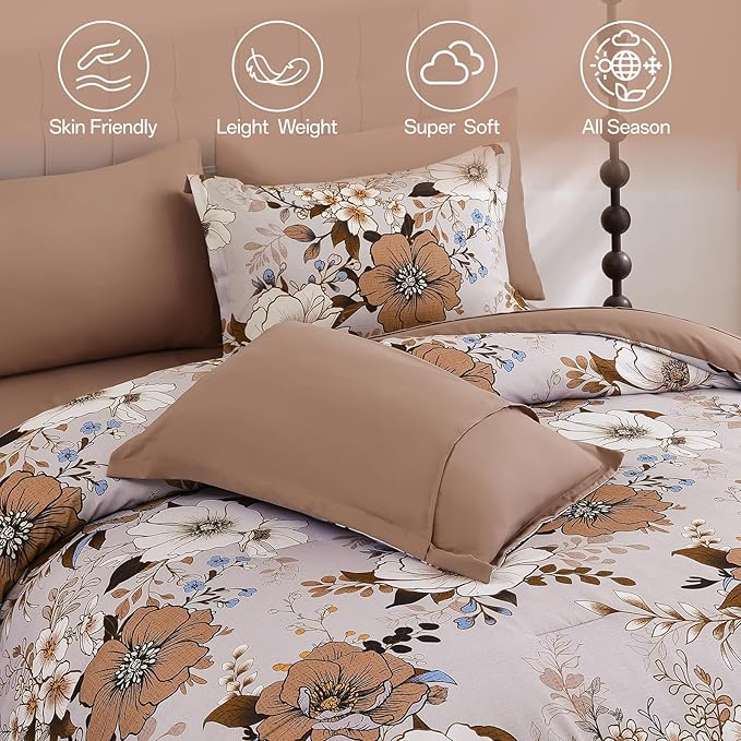 Xruibed Brown Floral Comforter Set Queen Size 7 Pieces Bed in a Bag Flower Comforter Set with Sheet, Pillowcases, Pillowshams, Soft Microfiber Bedding Set for All Season (Queen 90''x90'')