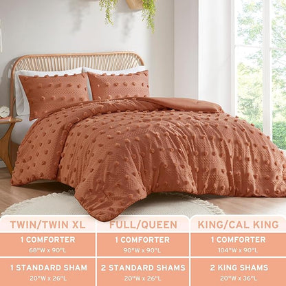 Intelligent Design King Comforter Set, Clipped Jacquard Comforter Set Chic Pompoms Accent, All Seasons Lightweight & Fluffy Comforter Bed Set with 2 Shams, Lucy, King/Cal King Rust 3 Piece
