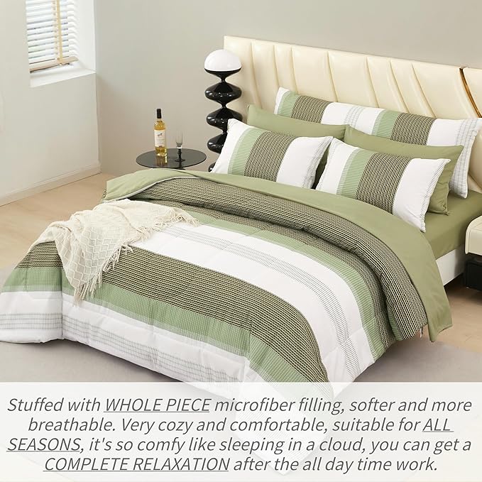 RYNGHIPY Olive Green Striped Bed Sets: 8 Pieces Soft Lightweight Bed in A Bag Full Size Microfiber Down Alternative Comforter Sets with Corner Loops (Full,Olive Green)