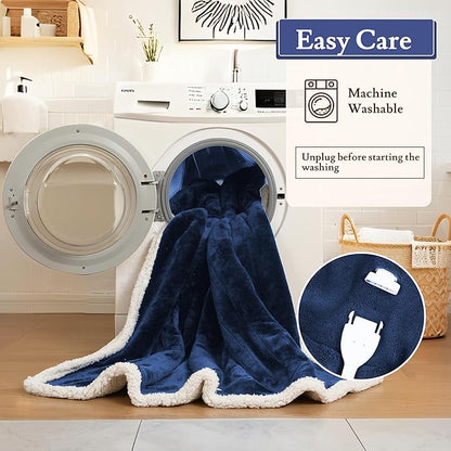 Electric Heated Blanket 72"x84" Full Size Flannel & Sherpa - 4 Heat Settings & 10H Auto Shut Off for Safe Overnight Use, Fast Heating, Machine Washable for Bed, Couch, Office - Dark Blue