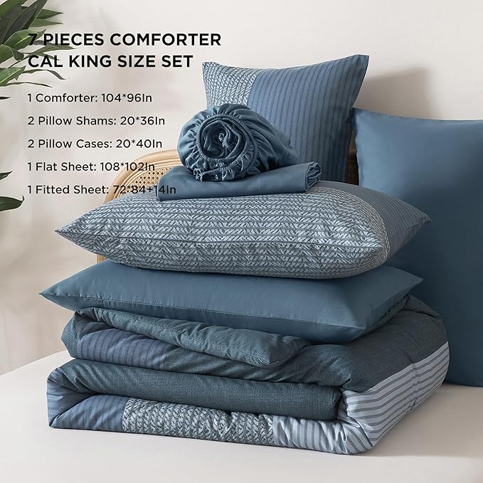Andency California King Comforter Set Haze Blue - 7 Pieces Striped Lightweight Bed in a Bag, Soft Microfiber Reversible Bedding Set with Comforter, Fitted & Flat Sheet, Pillowcases & Shams