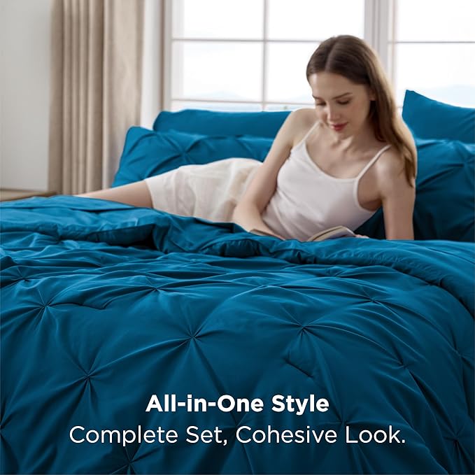 Bedsure California King Comforter Set Teal - Bed in a Bag Cal King Bedding Set 7 Pieces, GentleSoft™ Pintuck Bed Set Gift for Family, Pinch Pleat Teal Comforter with Sheets, Pillowcases & Shams