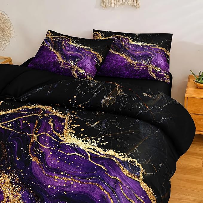 Black Gold Comforter Set 8 Pcs Purple Marble Bedding Set Full Size Bed in A Bag Stone Texture Abstract Room Decor