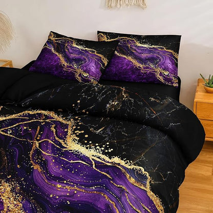 Black Gold Comforter Set - 6 Pcs Purple Marble Bedding Set Twin Size Bed in A Bag - Stone Texture Abstract Room Decor - Purple and Black