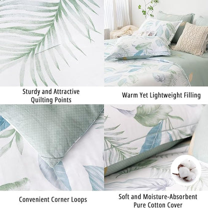Botanical Cotton Comforter Queen Size - Sage Green Comforter Printed with Leaves & Ferns on White,Reversible Lightweight Bedding Sets 3Pcs(Leaves,90"×90")