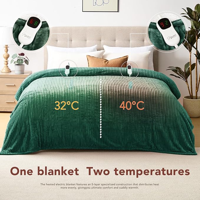 Homemate Electric Heated Blanket King Size - 100"x90" Heating Blanket King Size Dual Control 1/2/4/6/8 Hours Auto-Off 10 Heat Level Over-Heat Protection Soft Flannel Sherpa ETL Certification