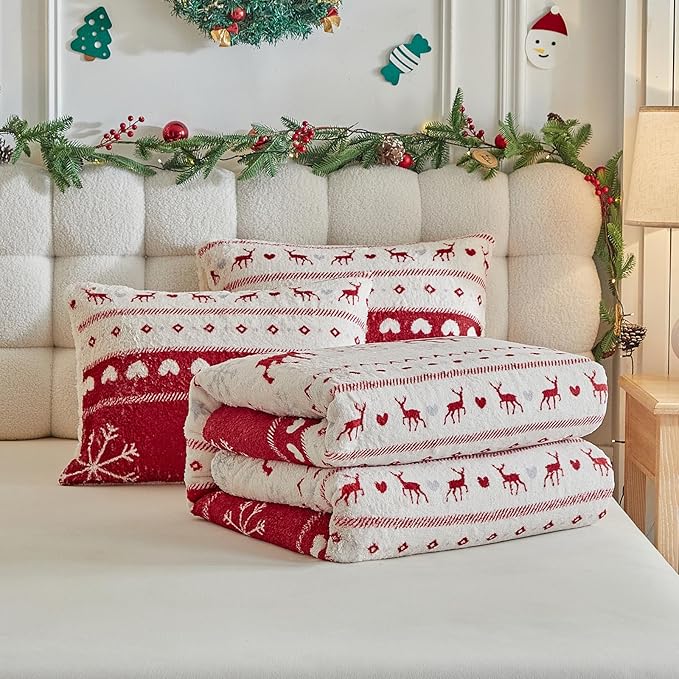 Christmas Sherpa Comforter Set Twin Size 3 Pieces Red Stripes Cream Heart Deer Holiday Winter Bedding Microfiber Warm Fleece Comforter with 2 Pillow Shams - Thanksgiving New Year Gift Choice