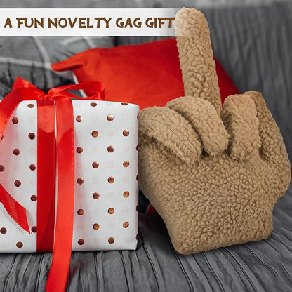 Menkxi Small Middle Finger Decorative Pillow 13.78 x 9.84 in Funny Shaped Sherpa Fleece Throw Pillow Warm Soft Emoticon Cushion Middle Finger Decor for Couch Gag Gift(Light Brown)