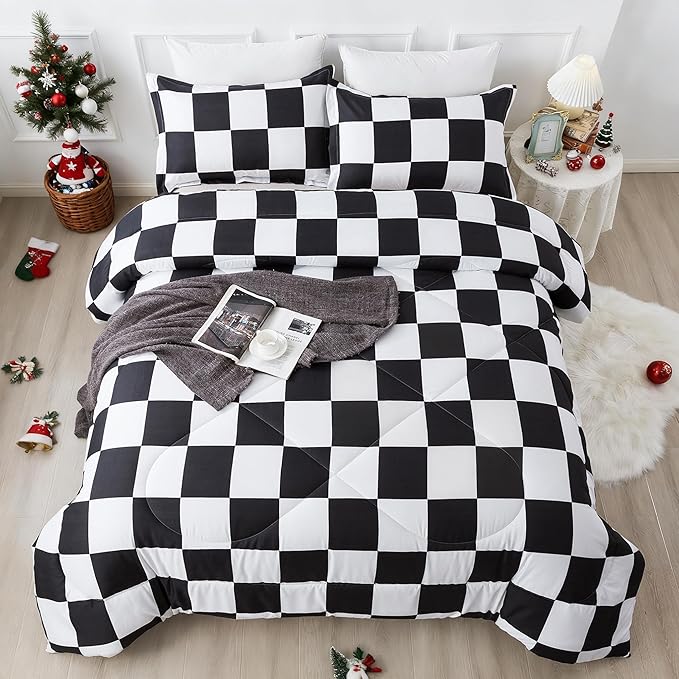 Andency Checkered Comforter Queen(90x90Inch), Black White Plaid Gingham Bed Set for Teen Boys Kids, Lightweight Microfiber Geometric Preppy Bedding, 3 Pieces