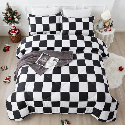 Andency Checkered Comforter Queen(90x90Inch), Black White Plaid Gingham Bed Set for Teen Boys Kids, Lightweight Microfiber Geometric Preppy Bedding, 3 Pieces