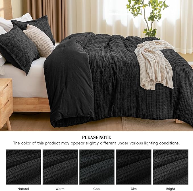 PHF Soft Waffle Comforter Set Queen Size- Comfy Breathable Waffle Weave Comforter with 2 Pillow Shams, 3 Pieces Less Snagging Lightweight Textured Bedding Set for All Season, Black