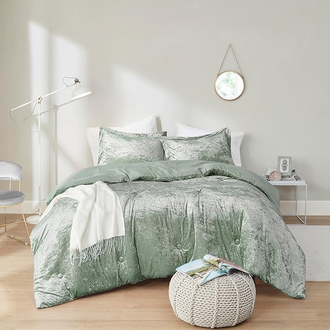 Comfort Spaces Luxe Velvet Comforter Set for Twin Size Bed, Microfiber Reverse, Juliette, All Season Bedding, Fluffy Bed Set, Sham, Sage Green 2 Piece