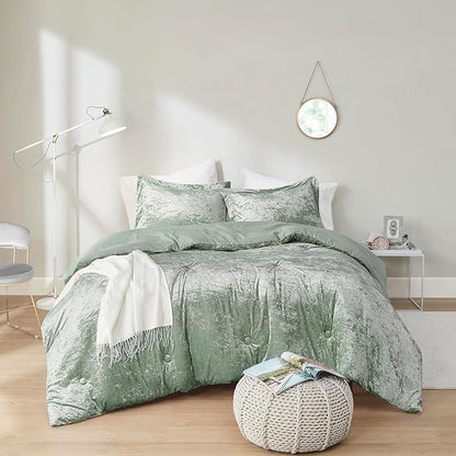 Comfort Spaces Luxe Velvet Comforter Set for Twin Size Bed, Microfiber Reverse, Juliette, All Season Bedding, Fluffy Bed Set, Sham, Sage Green 2 Piece