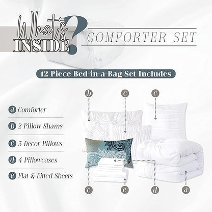Elegant Comfort 12-Piece Bed-in-a-Bag, Ella Pleated Ruched Pintuck Comforter Set, 6-Piece Sheet Set Featuring Smart Pockets, Matching Decorative Pillows, All Season Bedding, Full, White