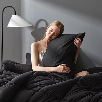 DOWNCOOL Queen Comforter Set -All Season Queen Bed Set with 2 Pillow Cases-3 Pieces Bedding Sets Queen -Down Alternative Black Queen Size Comforter Sets(88"x92")