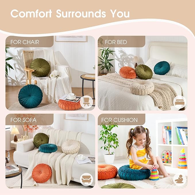 ROSE&RISY Round Pleated Velvet Throw Pillows, 2 Pcs Decorative Accent Pumpkin Pillow Cushion for Couch Sofa Chair Bed Car Home Decor (14.5 Inch, Cream)