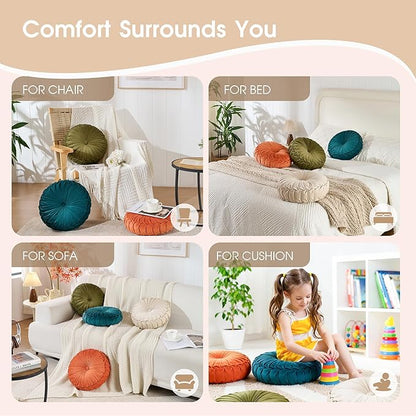 ROSE&RISY Round Pleated Hand-Stitched Velvet Throw Pillow, 1 Pcs Decorative Accent Pumpkin Pillow Cushion for Couch Sofa Chair Bed Car Home Decor (14.5 Inch, Cream)