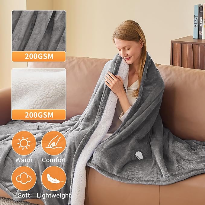 Electric Heated Blanket Throw Size 50''x60'' Soft Flannel & Sherpa Electric Blanket with 10 Heating Levels, Automatically Shut Down After 8h with Overheat Protection Machine Washable