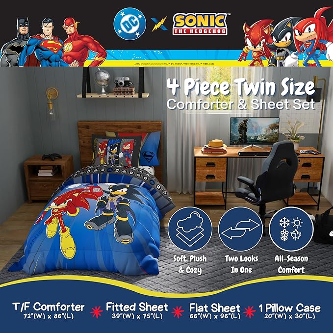 DC x Sonic The Hedgehog Kids Bedding Set, Twin Size, 4-Piece Super Soft Cozy Reversible Comforter & Sheet Set (Officially Licensed Product) by Franco | Durable, Reversible, Officially Licensed