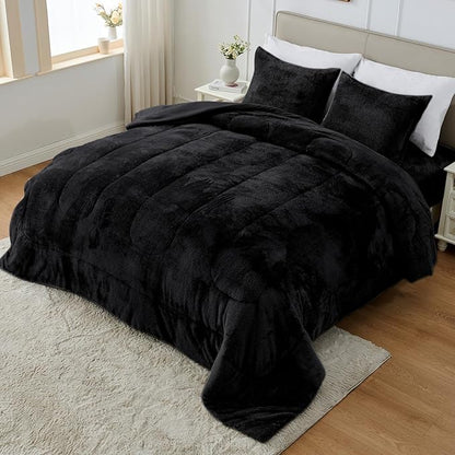 YIYEA Fluffy Queen Size Comforter Set, Luxury Faux Fur Comforter, Ultra Soft Plush Fuzzy Velvet Bedding Comforter Sets for Fall Winter, Cozy Warmth, No Shedding, 3PC, Queen, Black