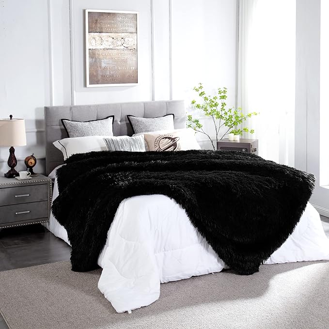 JONIYEAR Oversized Decorative Fluffy Faux Fur Throw Blanket Twin Size 60" x 71",Soft Large Luxury Lightweight Furry Blanket,Accent Cozy Shaggy Plush Thick Warm Fuzzy Blankets for Winter Bed Sofa,Black