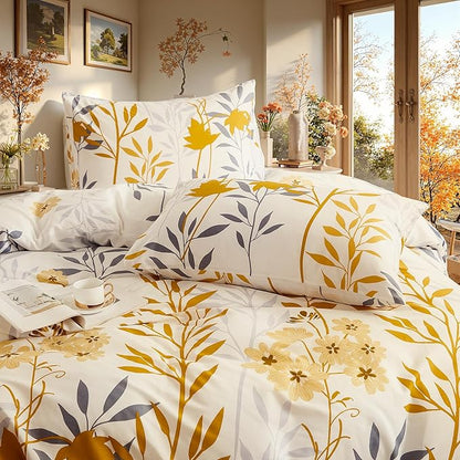 100% Cotton Comforter Set Queen Size – Yellow Floral Bedding Sets 3 Pieces Lightweight Cozy Botanical Bed Comforter, Soft Cottagecore Aesthetic All Season Bedding