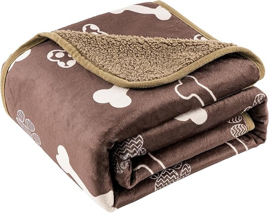 Waterproof Dog Blankets Pet Blanket 60"x80", Soft Fluffy Sofa Car Bed Protector, Reversible Sherpa Fleece Dog Blanket for Large Dogs (Chocolate Brown-Bones)