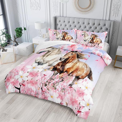 Kid Horse Comforter Set Queen Room Floral Animal Theme Handsome Horse Chic Cherry Blossom Bedding Set 3D Wild Animal Decor Quilt Set for Girls Adult, 1 Comforter + 2 Pillowcases