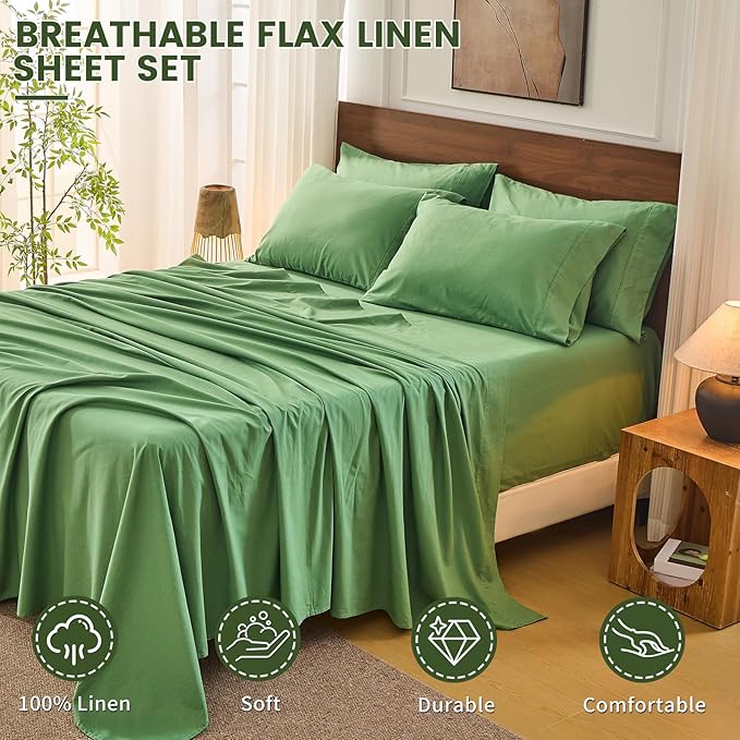 Bedlifes 100% French Linen Sheets King Size 18-24" Extra Deep Pocket 4-Piece Set Breathable & Moisture-Wicking,Soft & Durable Sheets for Thick Mattresses(Sage Green)