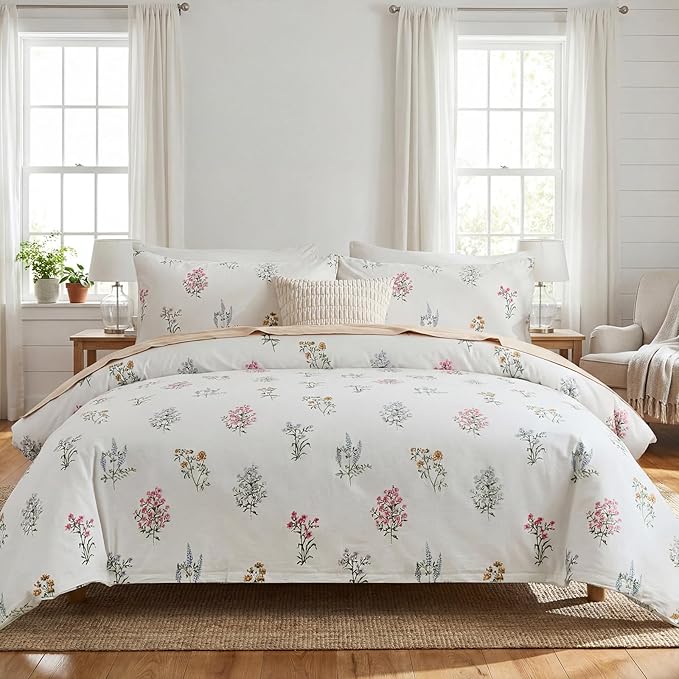 Floral Comforter Set King Size 100% Cotton Bedding Sets Garden Flowers Printed Breathable Soft Comforter 3Pcs Reversible Botanical Flowers Comforter