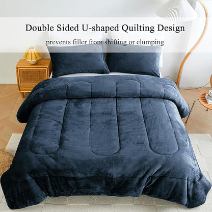 Faux Fur Comforter Set, Ultra Soft Warm Plush Velvet Comforter, Fluffy Fuzzy Fleece Bedding Comforter Sets for Fall Winter, No Shedding, 3PC, King Size, Blue